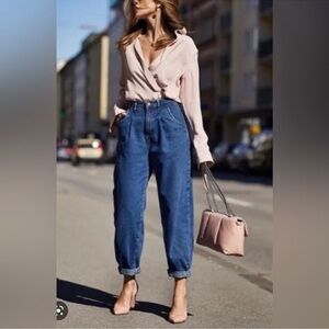 ZARA Paper Bag Carrot Leg Dark Blue Jeans